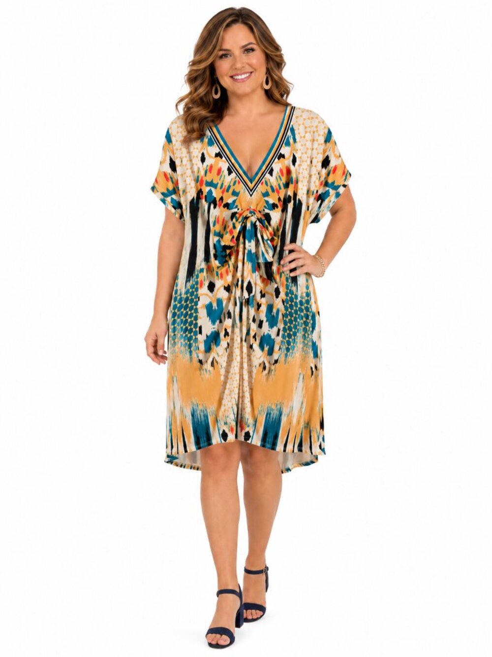 Jealous Tomato Colorful Printed Shift Dress with Bow Below Chest, Size 1X